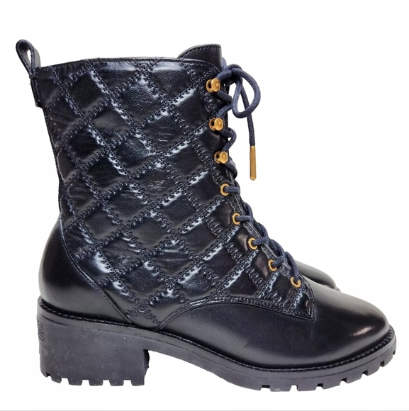 TORY BURCH Quilted Leather Combat Boots NEW! Sz 10.5 Lace Up Zip Black Copper - Picture 3 of 11